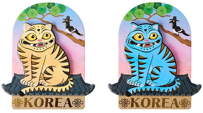 [민화 호작도 냉장고 자석] 냉장고 마그넷 여행 기념품 외국인선물, 블루+노랑