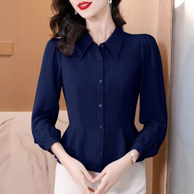 Makone 여성 셔츠카라 솔리드 엘레강스 데일리 심플 블라우스 밑단 패치워크 머메이드핏