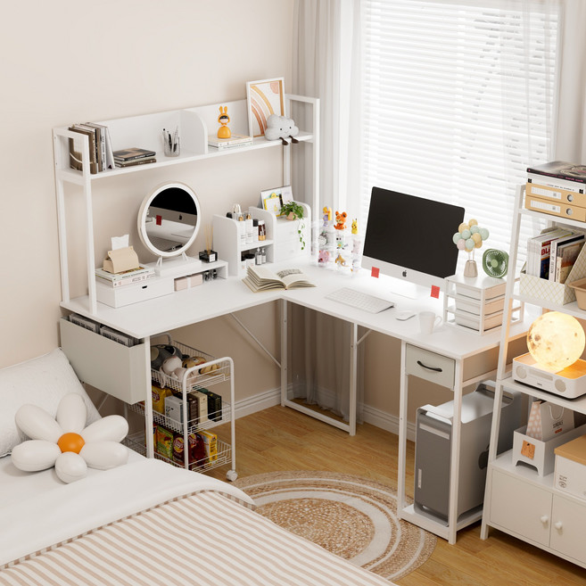 Homall 사무용 컴퓨터 L자형 책상 수납선반 대형 LED 공부 업무 사무실 화장 데스크, 화이트