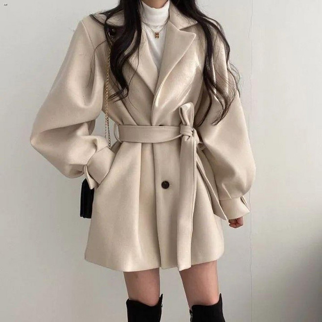 毛呢外套 毛呢大衣 外套大衣 新款韓版Chic秋冬寬松風大衣女呢子西裝領中長款小個子毛呢外套女