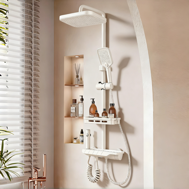 YAPOGI 크림화이트 피아노 키 항온 선반형 해바라기 샤워수전, 밀크 화이트+사각형 탑 A, 1세트