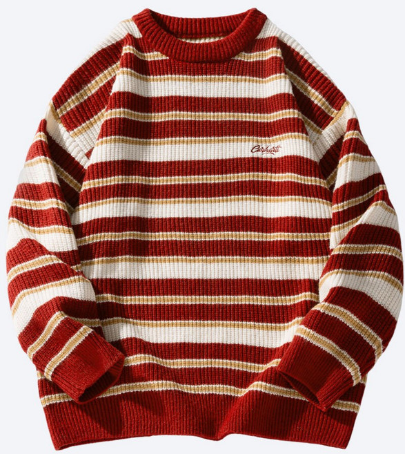 에브리핏 남자 오버핏 단가라 니트 루즈핏 스트라이프 라운드넥 스웨터 남친룩