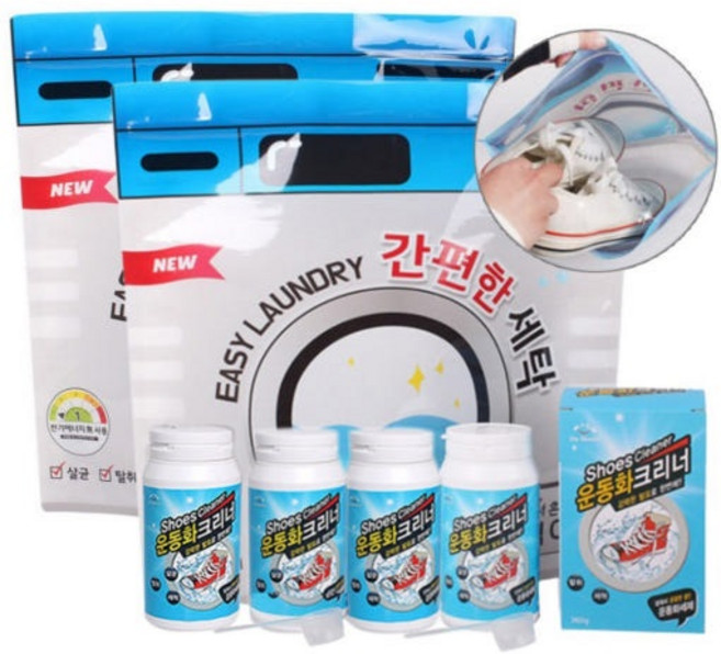 [TV 홈쇼핑 인기상품] Y몰 초강력 두꺼비 운동화 클리너 4통+계량스푼 2개+전용 비닐 빨래방 2개 (총 8종)