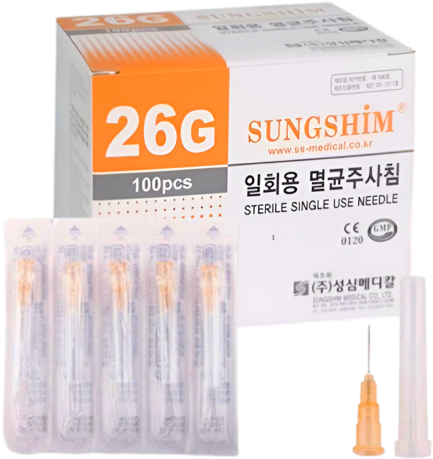 성심메디케어 일회용 멸균 주사침 26G 13mm 100ps 병원 의료용 니들 개별포장 피부과 여드름 성장 바늘, 200개, 26GX13mm