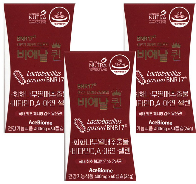 비에날퀸 bnr17유산균 갱년기유산균 갱년기영양제 bnr17, 60정, 3개