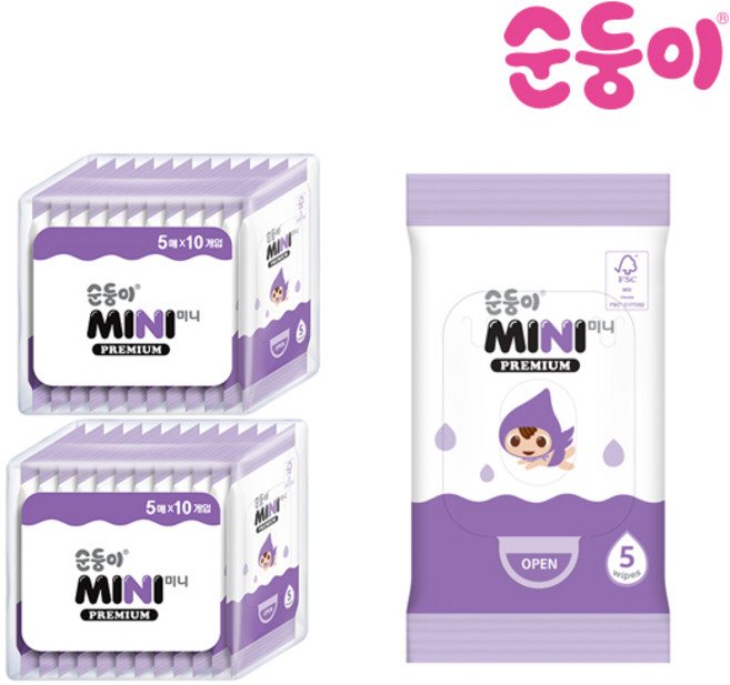 순둥이 미니 프리미엄 아기물티슈 휴대형 유아물티슈, 65g, 5매, 20세트