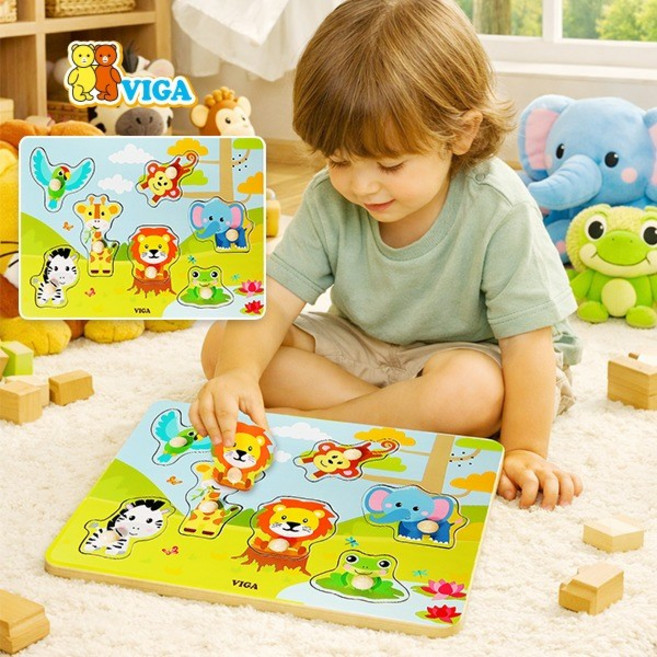 [VIGA] 사운드 원목 꼭지 퍼즐 - 정글 동물, 7피스, 1개