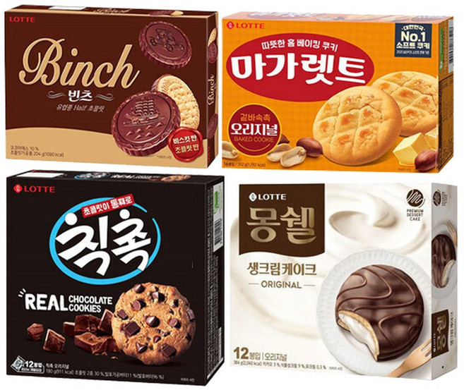 롯데 빈츠 204g+칙촉 180g+마가렛트 오리지널 352g+몽쉘 크림케이크 408g(총4개), 204g, 1개