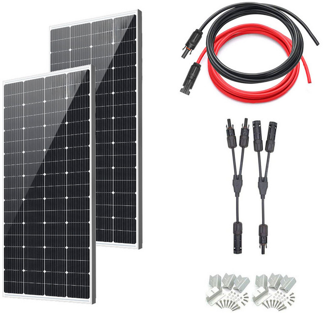 루앤 태양광패널 100W 200W 단결정 고효율 태양광판넬 가정 자동차 캠핑카 카라반 풀세트, 1개, 200W 2개 5M연장선+브라켓8pcs+Y커넥트풀구성