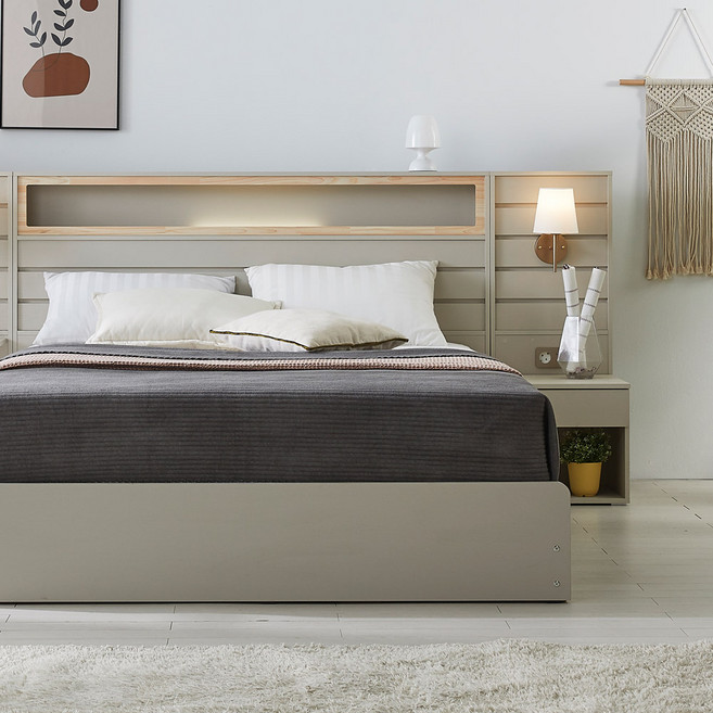 호텔침대 피렌체 편백아트월 LED조명 평상형 침대 SS (패널제외), 연그레이