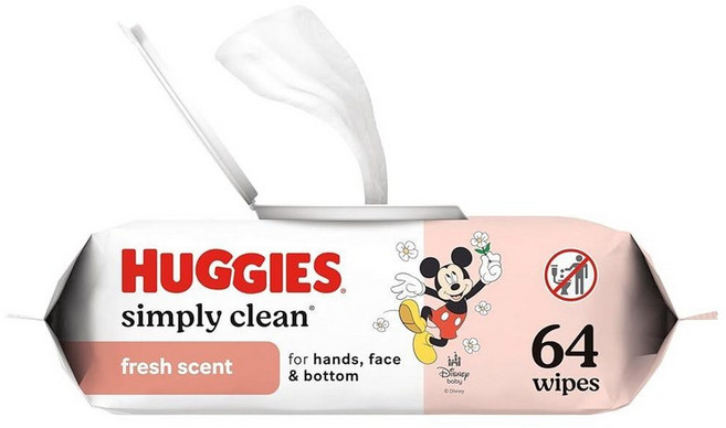 Huggies Simply Clean 무향 아기 기저귀 물티슈 플립 탑 팩 1개(총 64장) 포장은 다를 수 있음
