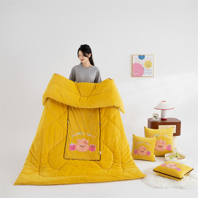 Loopy 抱枕被 兩用摺疊珊瑚絨毯, 加絨加厚露比Loopy-檸檬黃