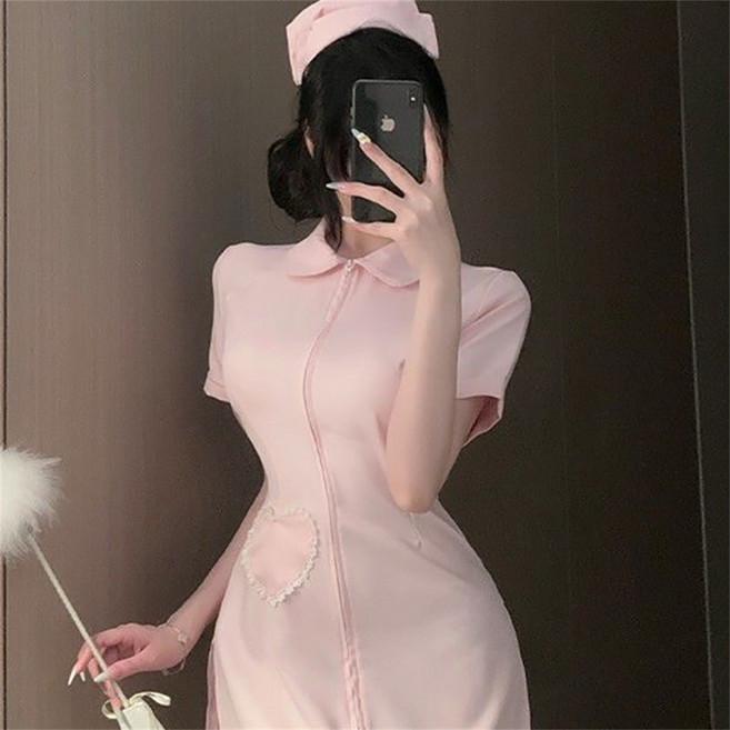 Vezri 할로윈 여성 간호사 코스프레 섹시 의상 짧은 소매 미니 드레스, S, 핑크, 1개