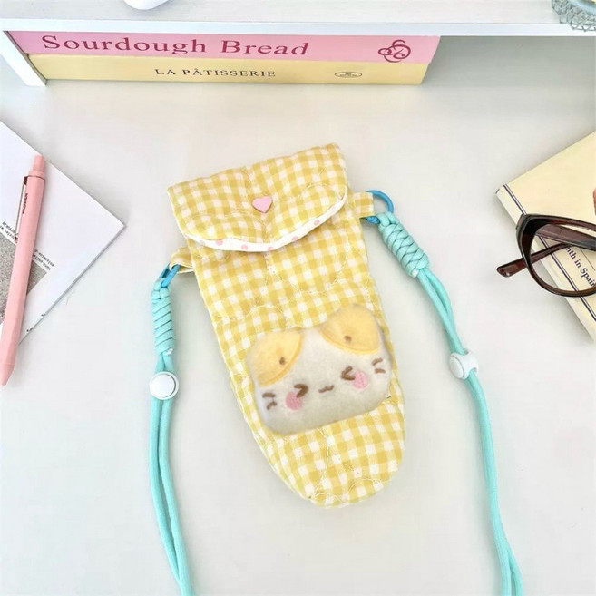 大疆pocket3斜挎包可愛兔子收納包棉花糖貓格子防摔保護套相機包, 1個, 棉花糖貓黃格藍帶斜挎包:如图