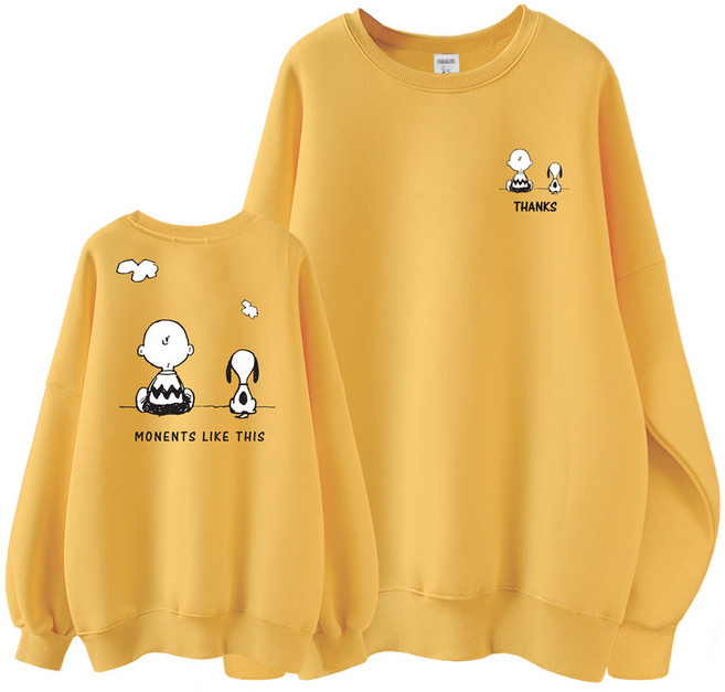 스누피 정품 남녀공용 오버핏 캐릭터 라운드 맨투맨 빅사이즈 데일리 티 루즈핏 커플 티셔츠 남자 여성 롱티 단체티 지금이순간