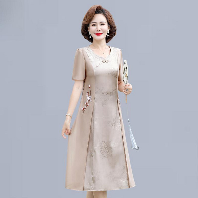 DIU 中年媽媽夏裝洋氣質連衣裙中老年女裝夏季新中式國風旗袍裙子短袖, 5XL( 建議148-160斤)
