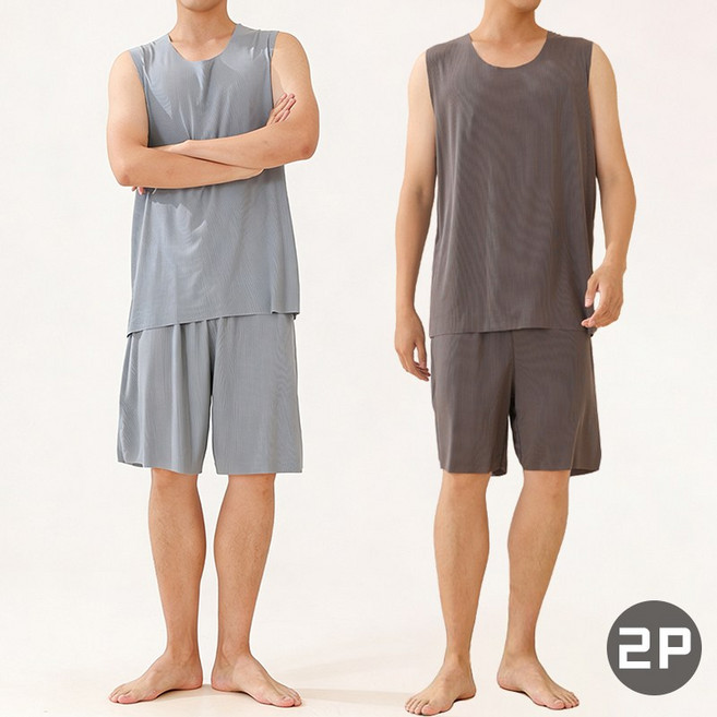 남성 여름 냉감 민소매 잠옷 세트 아이스실크 신축성 통기성 루즈핏 홈웨어 2P