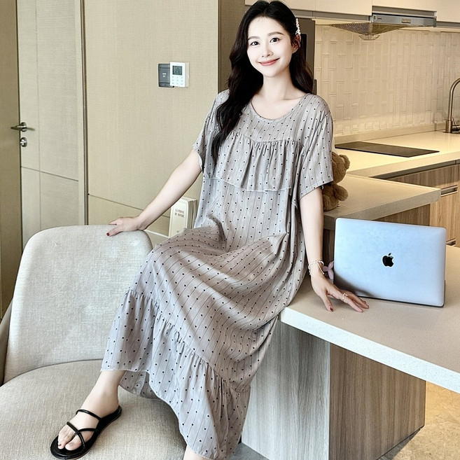 수유 롱원피스 가슴이 가려지는 여성 여름 반팔 임산부 면 가운 치마