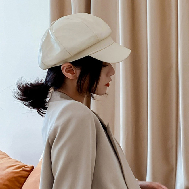 레자 팔각 뉴스보이캡 pu 가죽 빵모자 베레모 짧은 챙모자