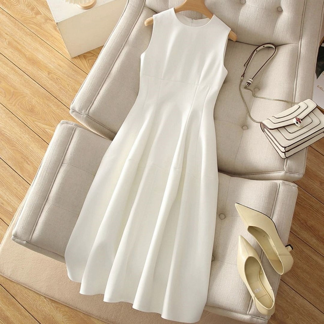 AOKADA여성 봄 가을 라운드 미디 A라인 민소매 원피스