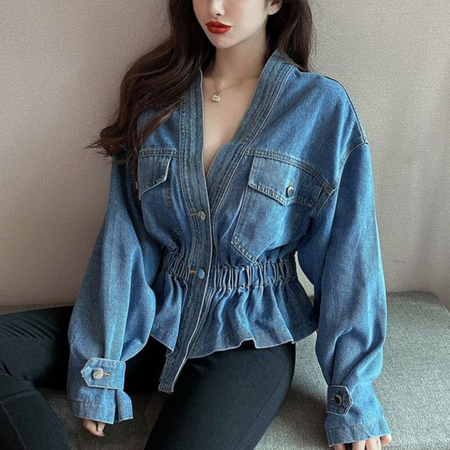 허리 밴딩 슬림 데님 자켓 브이넥 투번튼 패션 트렌드 여자 청재킷 디자인감 크롭 숏 코트
