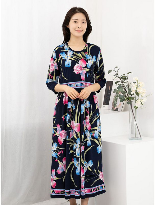 모슬린 엄마옷 꽃잎 셔링 7부 원피스 홈웨어 MQG126789 마담 미시 중년여성 빅사이즈 할머니옷 50대 60대 70대