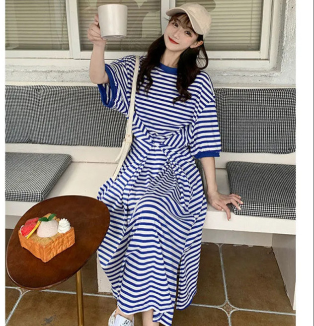 【顯瘦減齡】懶人裙 連衣裙 冰絲連衣裙 條紋裙 過膝裙 加大碼胖mm裙 寬鬆慵懶風 200-300斤可穿 夏季薄款, 藍條*2105