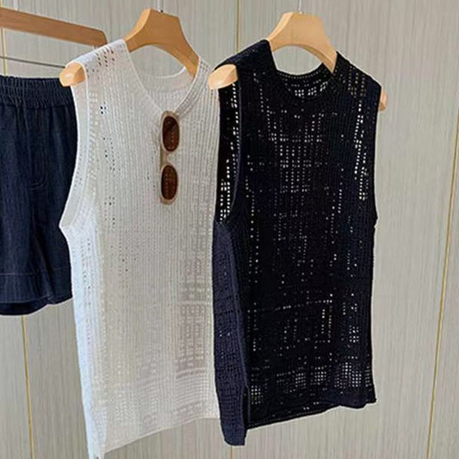 WEIHAN 크로쉐 스타일 니트조끼 여성용 썸머룩 통기성 루즈핏 나시 메쉬 아우터