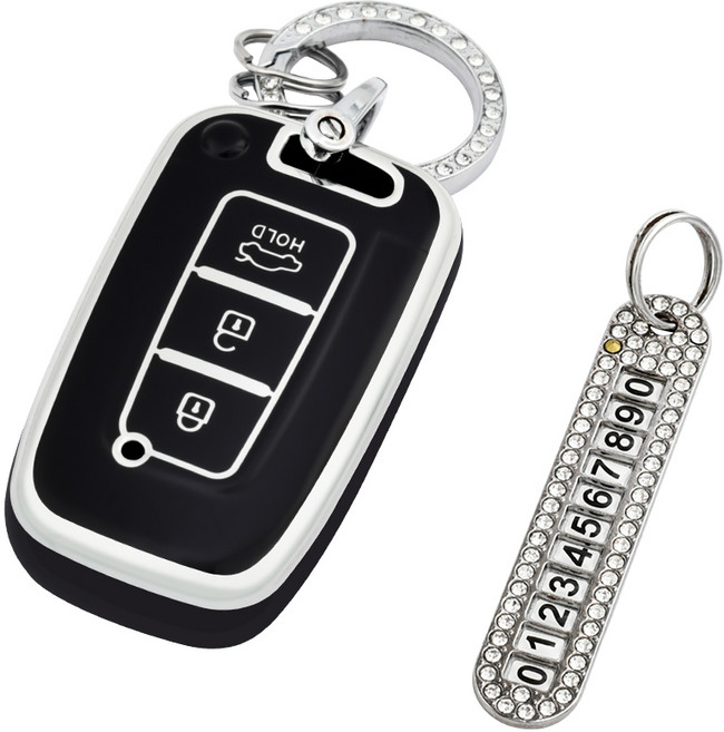 OFFCURVE TPU 기아 현대 호환 자동차 엣지라인 3버튼 레이 모닝 i30 풀커버 스마트키 적용 키케이스 키홀터, 블랙 실버+열쇠고리+번호판
