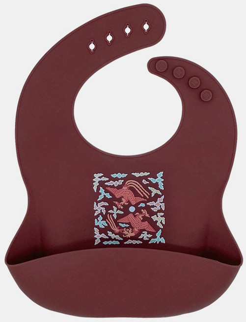 [K패턴 턱받이]_아기 실리콘 턱받이 고급 전통 디자인 어린이집 준비물 이유식 자기주도, 봉황흉배(버건디), 1개