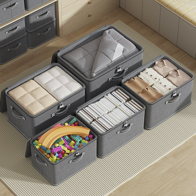 LEOQ 자물쇠 잠금장치 접이식 패브릭 리빙박스 수납함, 1개, 그레이