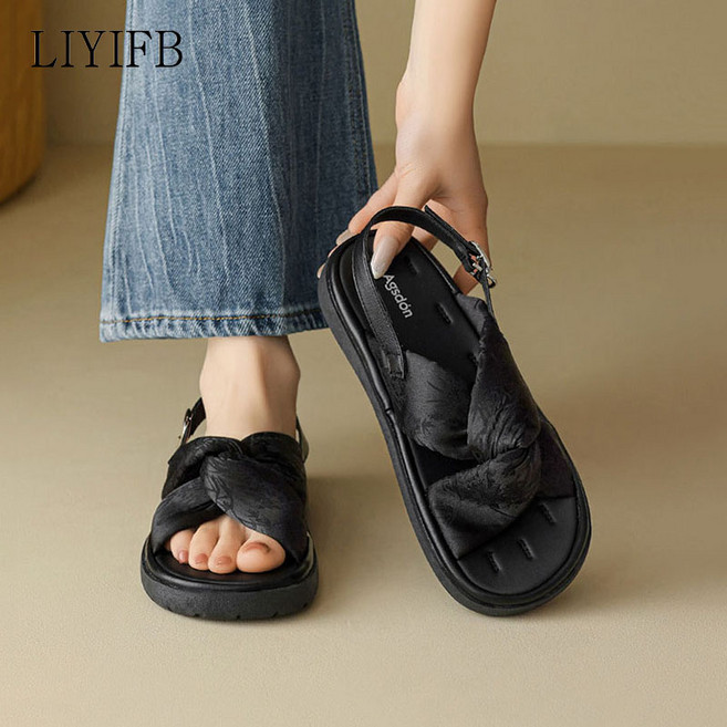 LIYIFB 여성 여름 꼬임 샌들 발편한 플랫 샌들 3cm