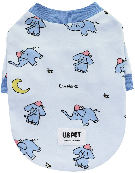 유앤펫 강아지 오가닉 코튼 동물 프렌즈 내복 실내복 티셔츠 중형견 대형견옷, 코끼리(블루), 1개