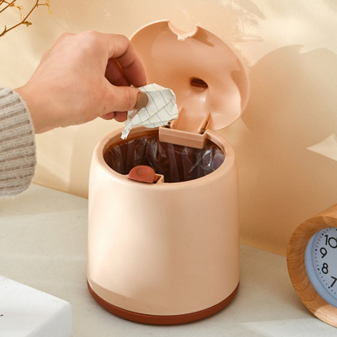 미니 버튼쓰레기통 탁상용 플라스틱 화장대 휴지통, 핑크