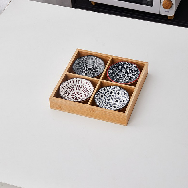 일본 일식 나무그릇 고바찌 구절판 격자 반찬접시 트레이, P. 사각격자  원형판스타일3, 1개, 1개