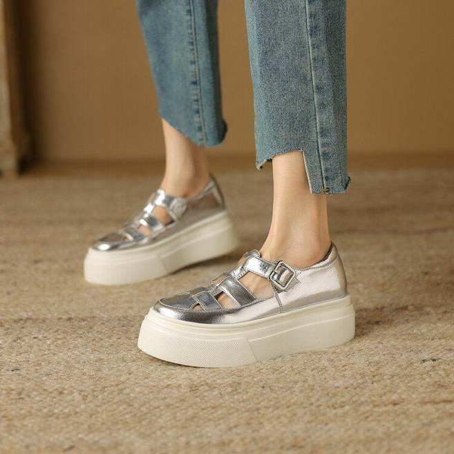 키높이 통굽 여성 슬립온 7cm 소가죽 글래디에이터 여름 데일리 캐주얼