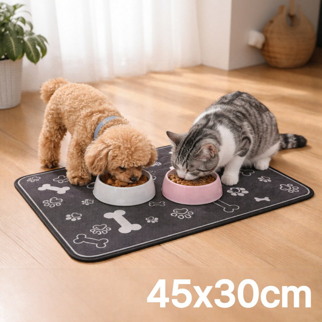 에이트몰 물기흡수 고양이 강아지 식기매트, 뼈다귀 블랙 45x30cm, 1개