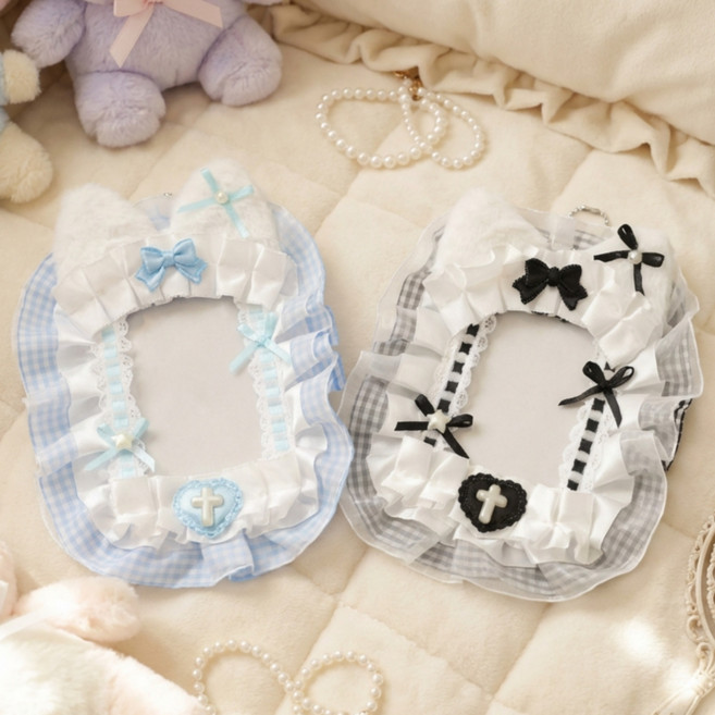 엘렌 토끼 체크 레이스 포카 포토카드 탑로더 케이스, 블랙