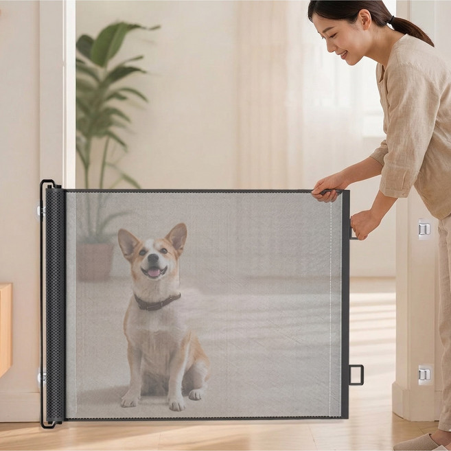 메리레이디 반자동 슬라이드 롤링 메쉬 무타공 고양이 안전문, 1개, 화이트