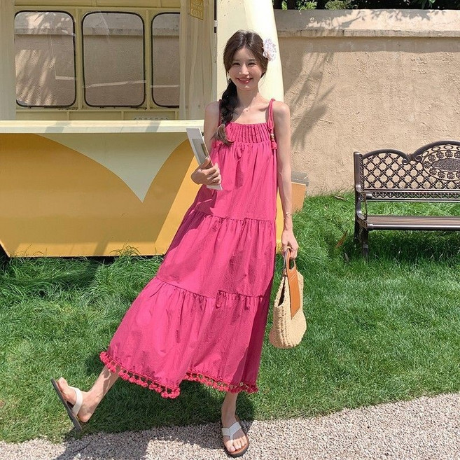 DIU 小衆設計流蘇吊帶連衣裙女夏季海邊度假溫柔風寬鬆顯瘦氣質長裙子, M