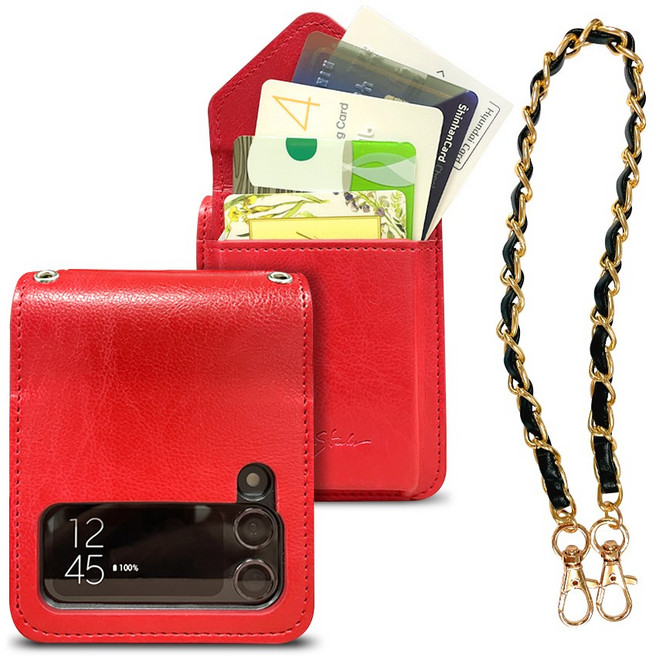 갤럭시 Z플립1 플립2 플립3 플립4 아델리아데 카드포켓 5장 수납 휴대폰 케이스 + 손목 줄 체인 증정
