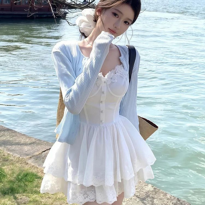 白月光初戀連衣裙 花朵 白色 吊帶裙 女 夏季 設計感 純欲 收腰 蛋糕短裙, 藍色防曬開衫【外搭款】,L 【建議52.5-57.5公斤穿】, N/A