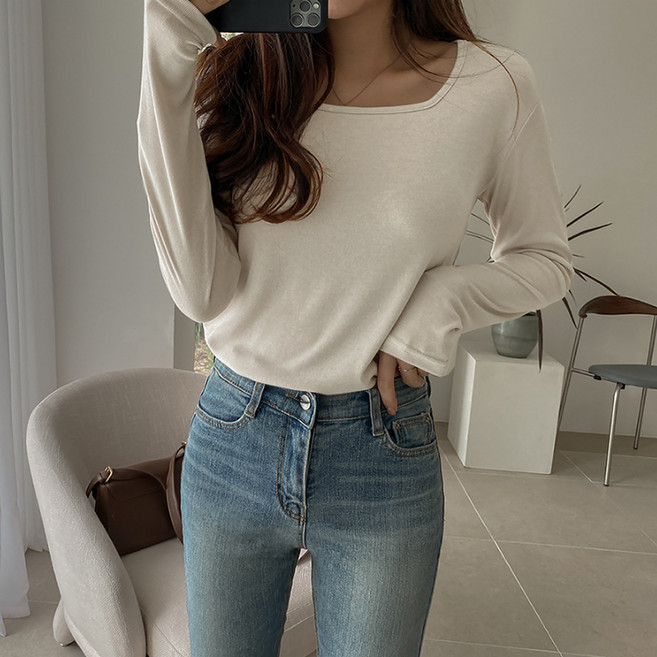 화이트폭스 여성용 쫀쫀 심플 스퀘어넥 티셔츠