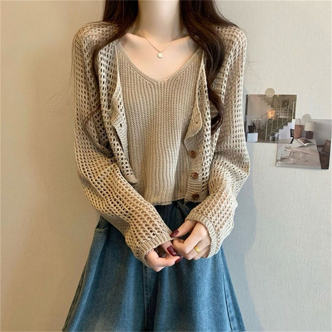 TKX 여성용 브이넥 니트 긴팔 크롭 가디건 루즈핏 단추 심플 데일리룩 여름 봄 가벼운 통기성 좋은