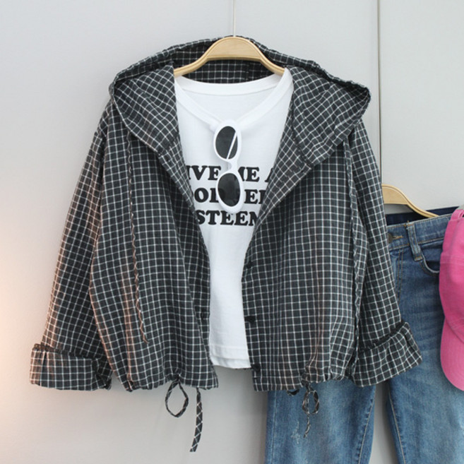 달콩 여성 프로체크스트링후드셔츠 루즈핏