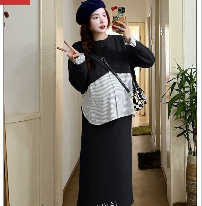 임산부 세트 캐주얼 봄 가을 임부복 라운드 맨투맨 하이웨이스트 롱 치마 상하의 투피스 CY