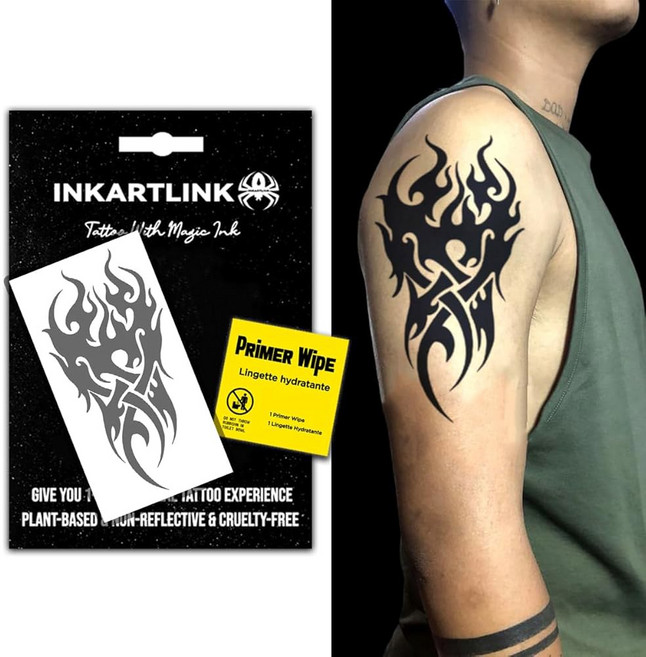 잉크아트링크 세미 퍼머넌트 임시 성인 아트 디자인 파티 취향 방수 사실적 없음 반사 2주 지속 엑스트라 라지 더블 블레이드 워리어, Fire Totem, 1개