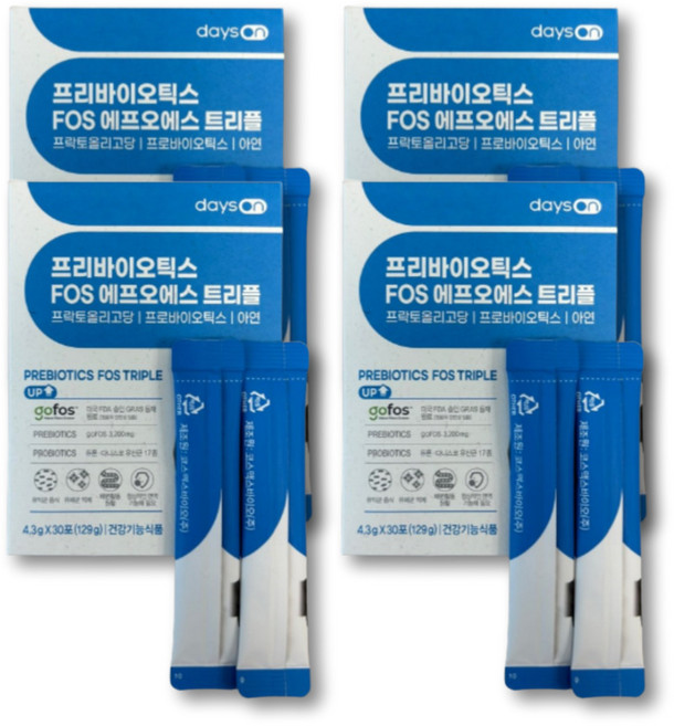 데이즈온 프리바이오틱스 FOS 트리플 유산균 먹이 장케어 프락토 갈락토 자일로 올리고당 아연 장내유익균 프로바이오틱스, 4세트, 30회분