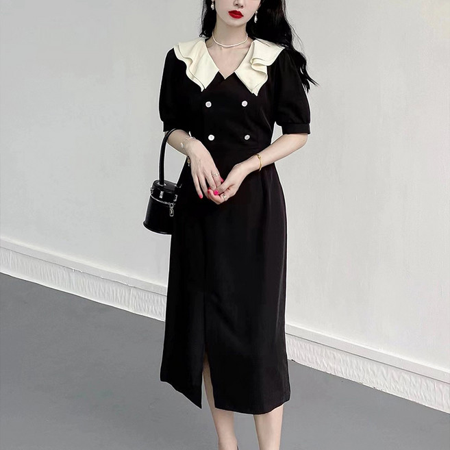 Skyciky 프렌치 스타일 롱 원피스 여성 허버트 풍 슬림핏 허리 조임 원피스 고급스러운 여름 드레스 ZW16