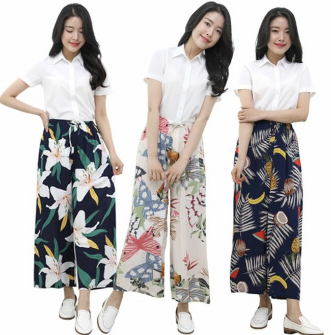 여성용 꽃무늬 잠옷 와이드 레그 팬츠 통바지 캐주얼 루즈 플라워 팬츠 여름바지